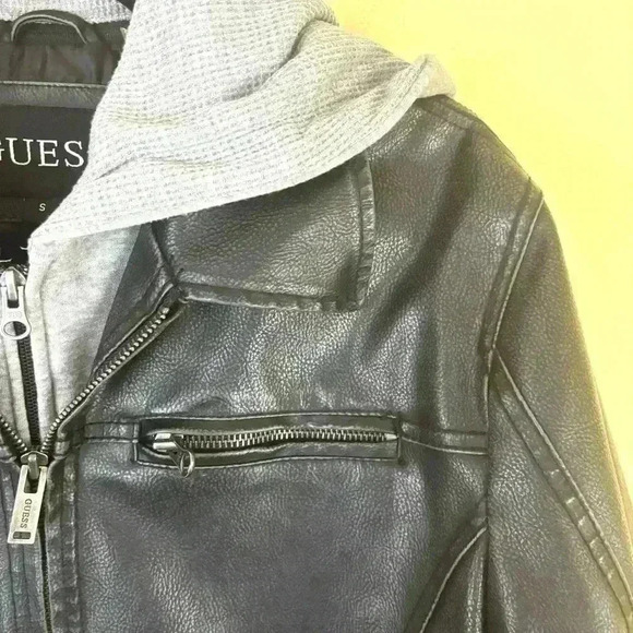 Guess Men Black Faux Leather Double Zip Hooded Coat Moto Bomber Jacket Size S - Picture 3 of 16